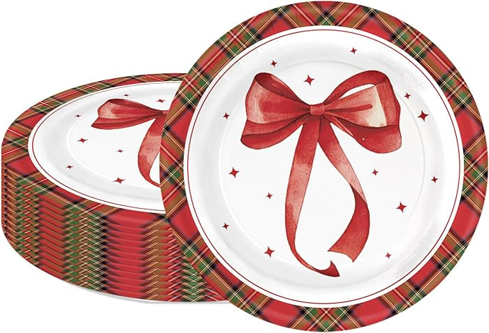 LeZakaa 25Pcs Christmas Paper Plates, Red Bow and Tartan Plaid Design Disposable Party Plates Dec... | Amazon (US)