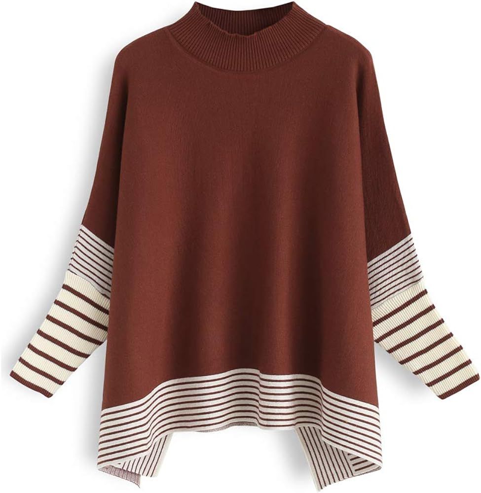 CHICWISH Women's Mustard/Black/Caramel/Olive/Grey Striped Oversize Soft Knit Cape Sweater Pullover | Amazon (US)