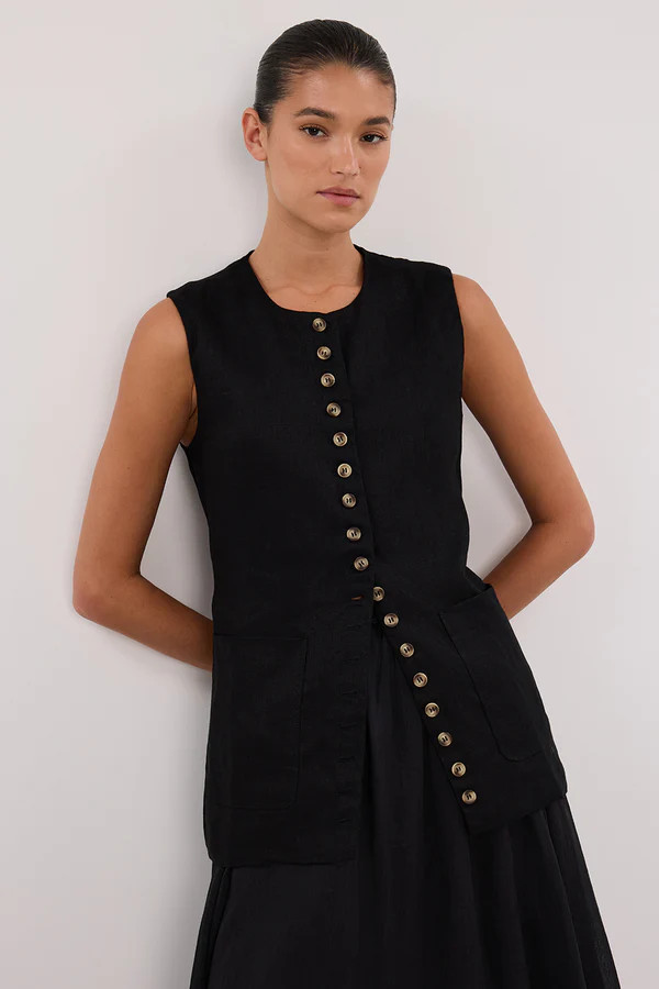 TILLY BLACK LINEN LONGLINE VEST | DISSH
