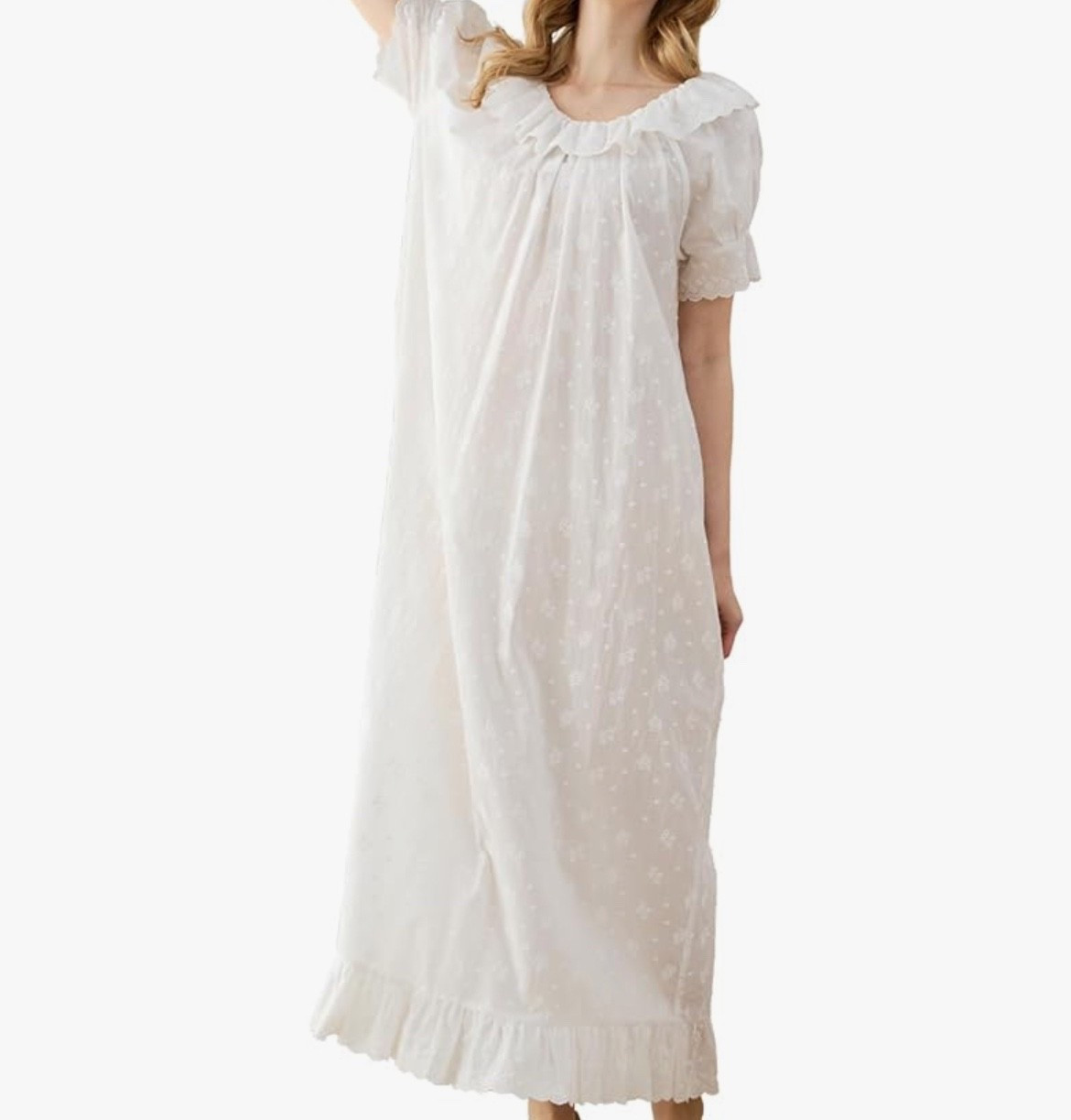 The most beautiful embroidered, ruffle eyelet collar nightgown. This has been a pregnancy staple, from a darling nightgown, to a spring dress with a sweater over the shoulders, all the way to the perfect spring break swimsuit coverup. 🤍  & she’s Amazon! 