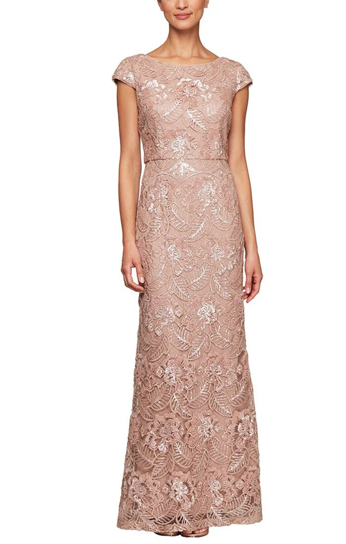 Long Embroidered Gown with Cap Sleeves &amp; Sequin Detail | Alex Evenings