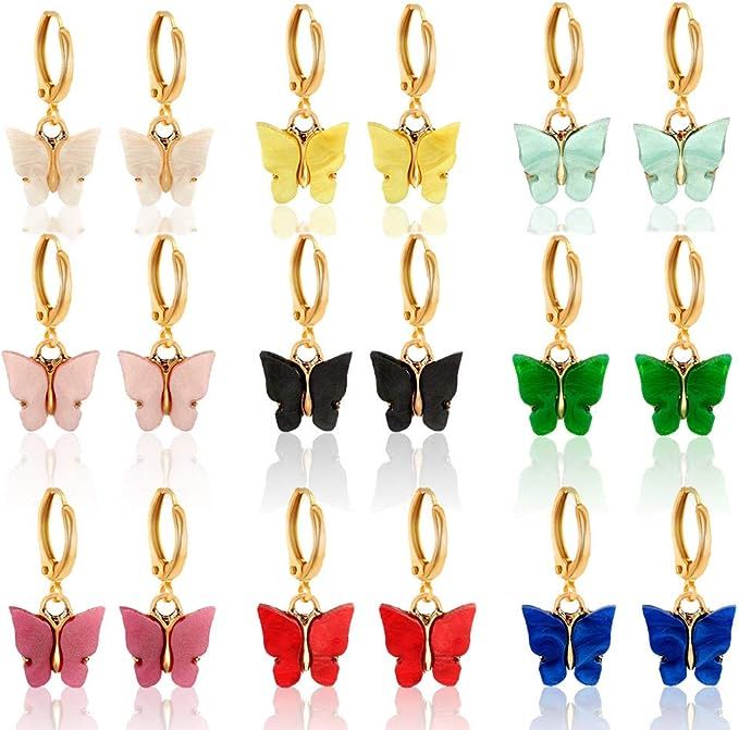 9 Pairs of Female Butterfly Earrings, Acrylic Colorful Butterfly Jewelry, Female Gold-Plated Drop... | Amazon (US)