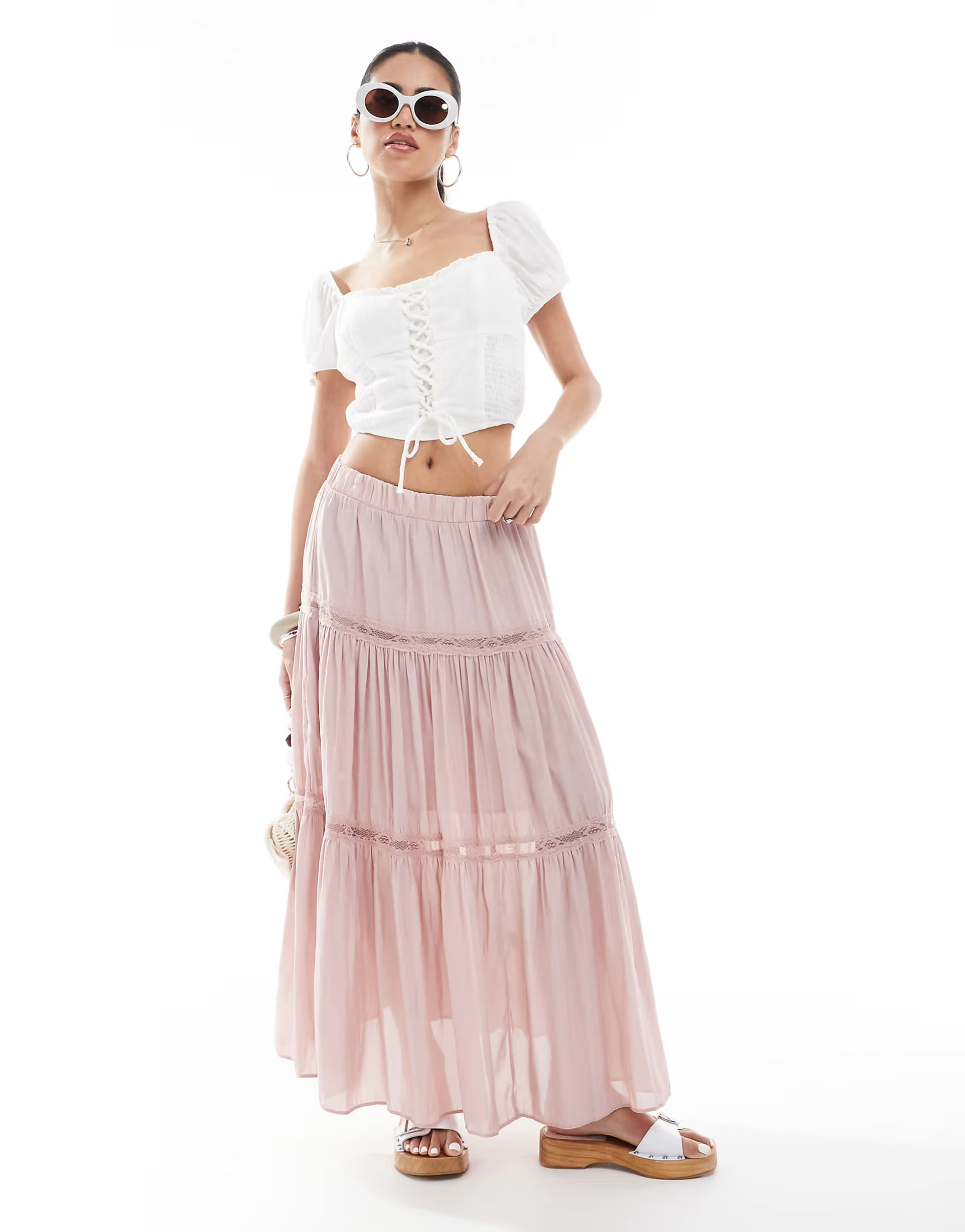 New Look lace insert crinkle tiered midi skirt in pink | ASOS | ASOS (Global)