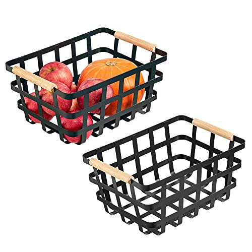 Black Farmhouse Baskets Pantry Baskets with Wooden Handles - Household Storage Organizer for Cabinets,Pantry,Closets,Kitchen,Bedrooms,Refrigerator,Freezer Baskets | Amazon (US)