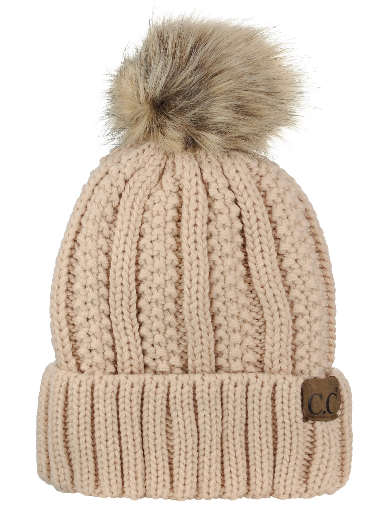 C.C Thick Cable Knit Faux Fuzzy Fur Pom Fleece Lined Skull Cap Cuff Beanie, New Beige - Walmart.c... | Walmart (US)