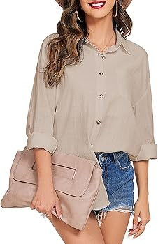 Hotouch Womens Cotton Button Down Shirt Casual Long Sleeve Loose Fit Collared Linen Work Blouse T... | Amazon (US)