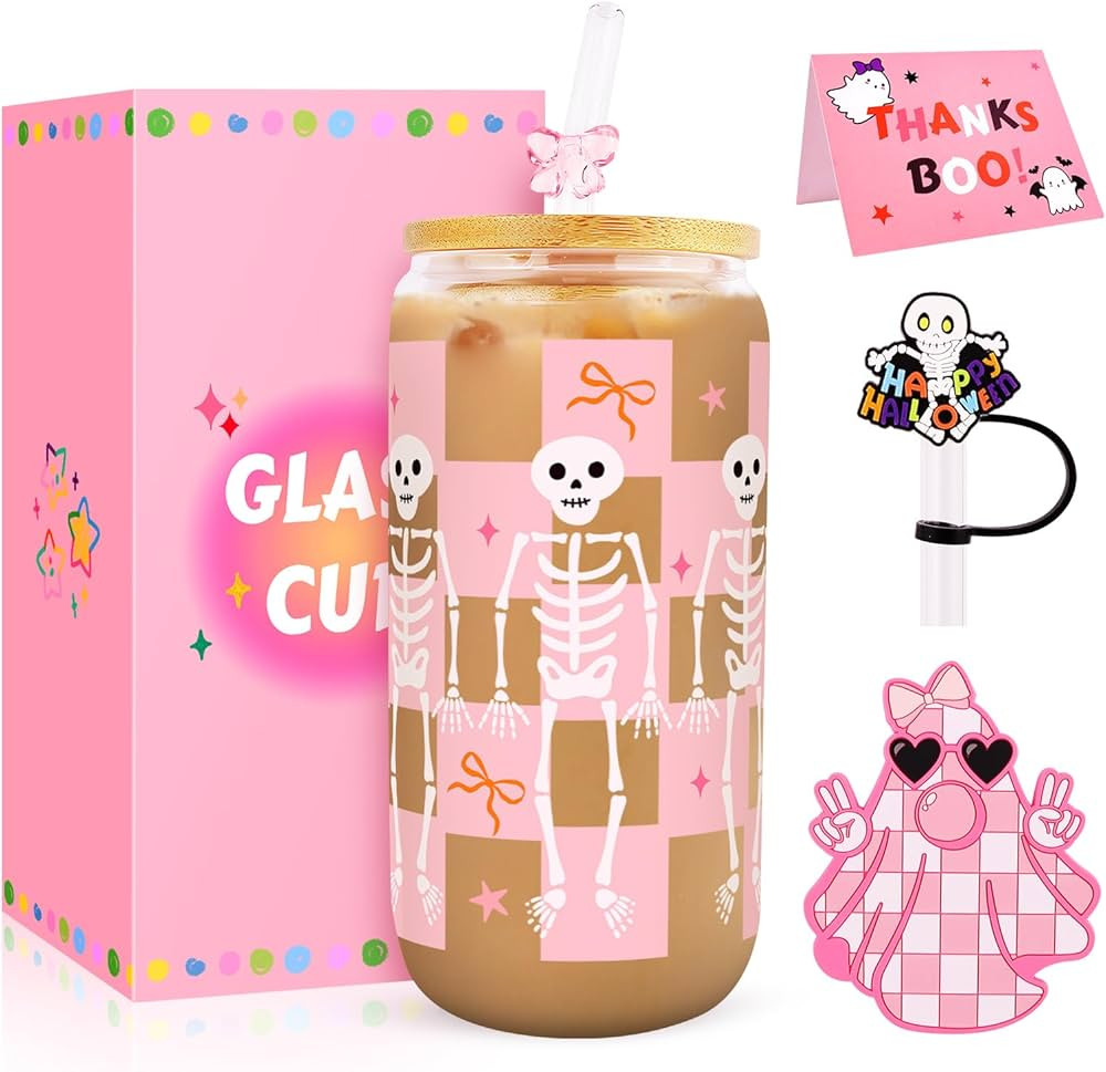Halloween Glass Cups with Lids and Straws, Cute Halloween Gifts Basket for Women Girls Teens, 16o... | Amazon (US)