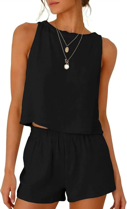 IDEALSANXUN Womens Two Piece Sets Summer Beach Spring Linen Tank Tops and Shorts | Amazon (US)