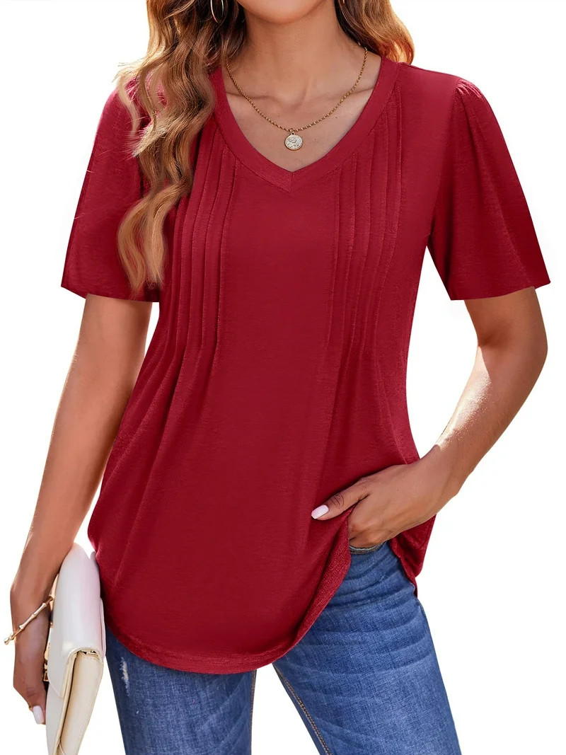 Fantaslook Blouses for Women Dressy Casual V Neck Pleated Tunic Tops Summer Short Sleeve Boho Shi... | Walmart (US)
