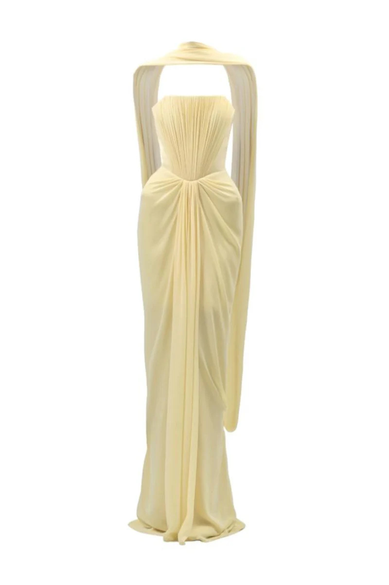 YELLOW MARIVELLE SHEATH SCARF NECK CHIFFON FLOOR LENGTH DRESS | Maison Des Copains | CULT MIA | CULT MIA UK LTD