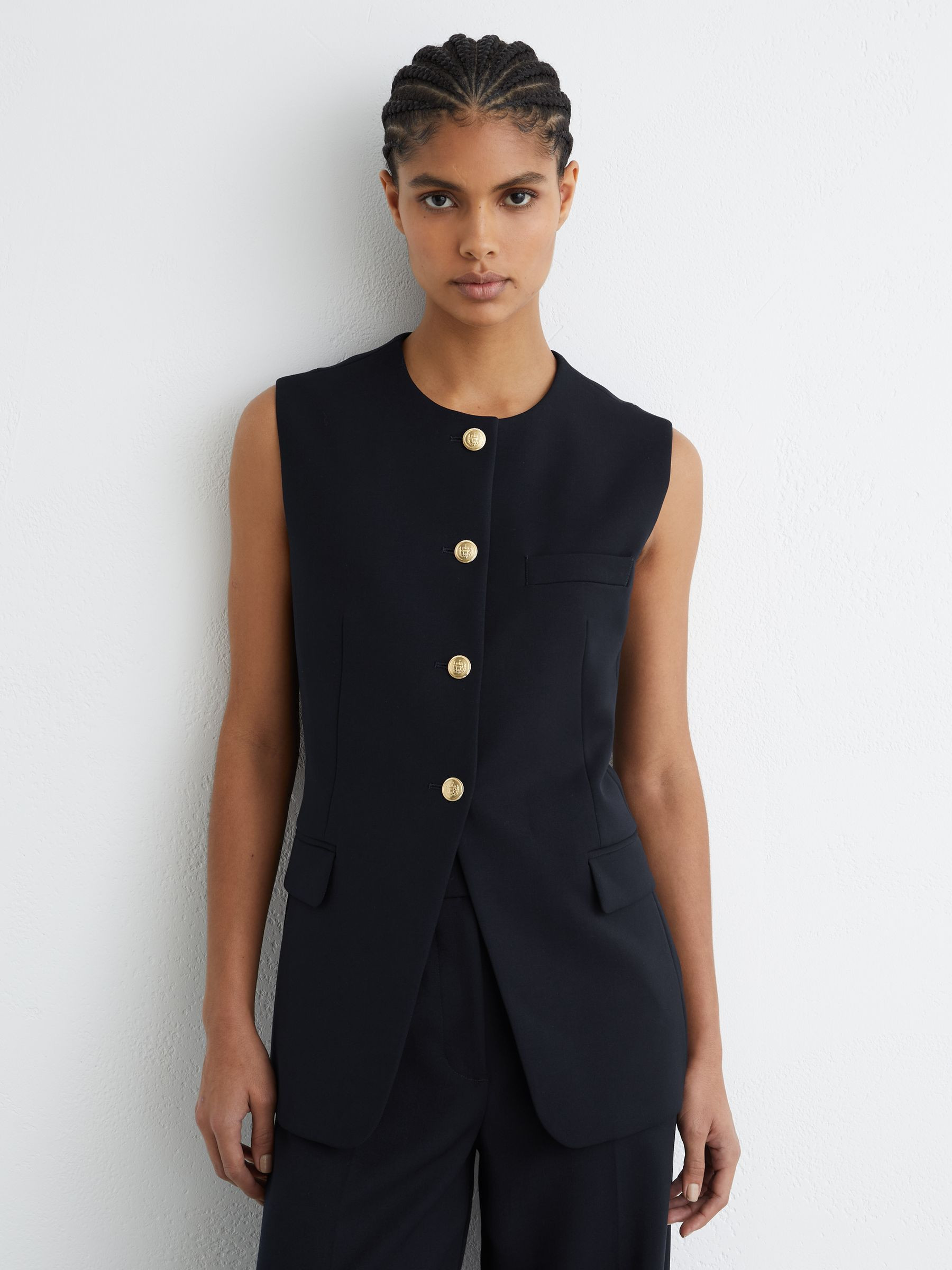 Reiss Button-Through Longline Waistcoat in Navy - REISS | Reiss UK