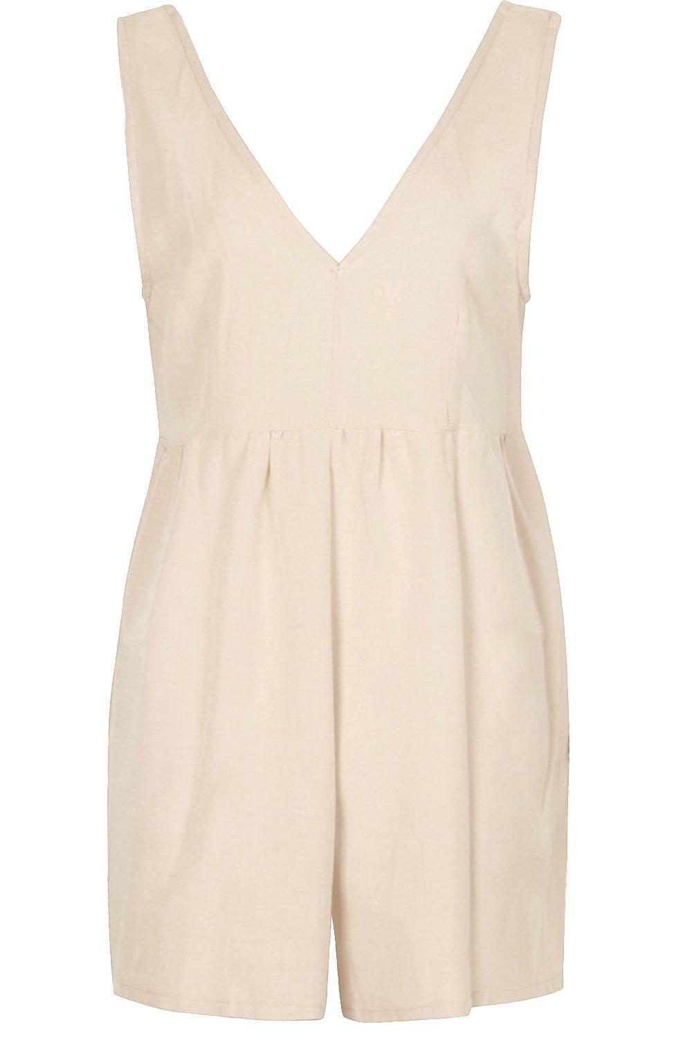 Petite V Neck Linen Look Romper | Boohoo.com (US & CA)