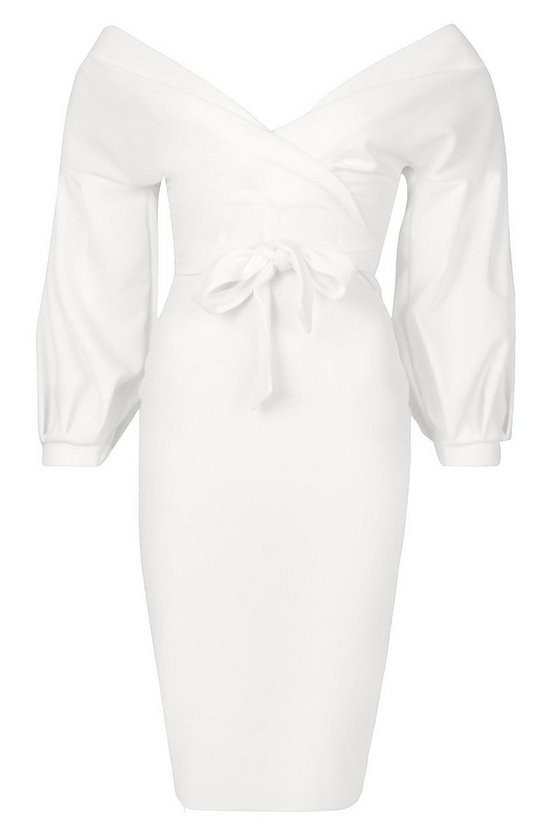 Off The Shoulder Wrap Midi Bodycon Dress | Boohoo.com (US & CA)