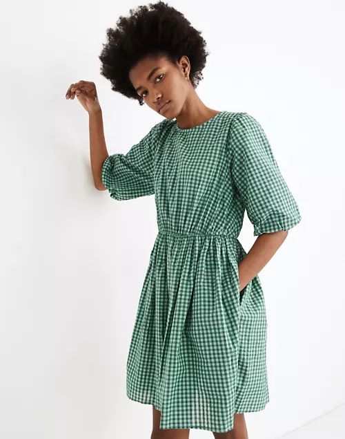 Gingham Crewneck Bubble-Sleeve Mini Dress | Madewell