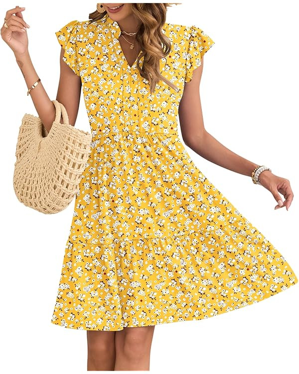 AUSELILY Summer Dress for Women 2026 V Neck Ruffled Sleeve Beach Sun Dress A Line Casual Dresses ... | Amazon (CA)