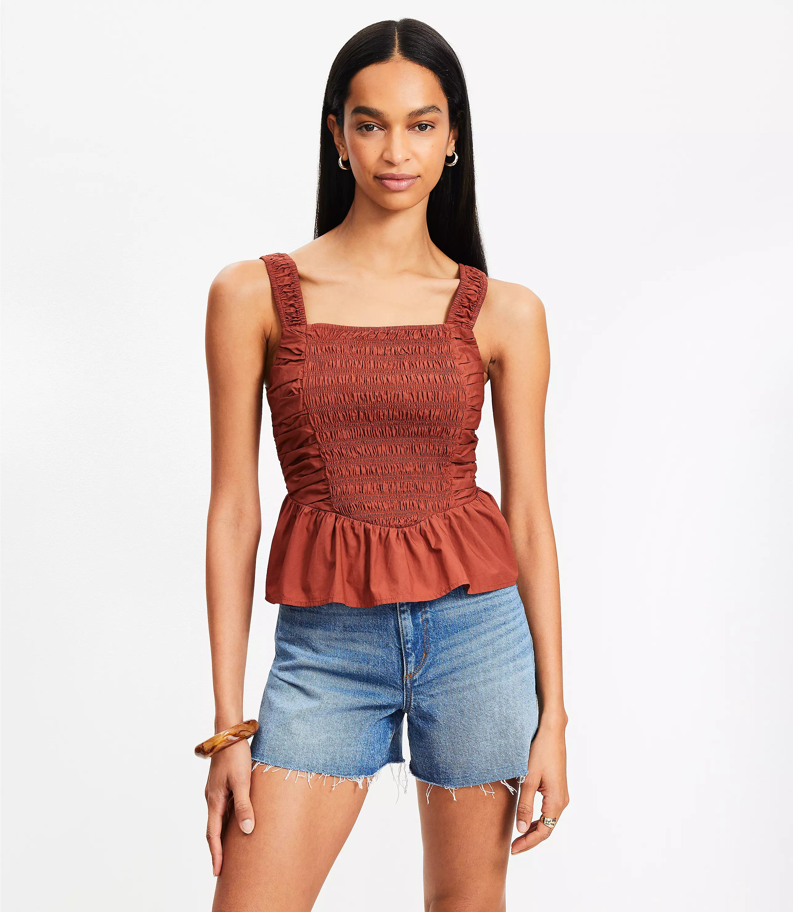 Poplin Smocked Peplum Tank Top | LOFT