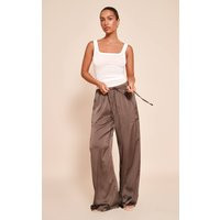 Charcoal Textured Satin Low Rise Wide Leg Drawstring Trousers | PrettyLittleThing US