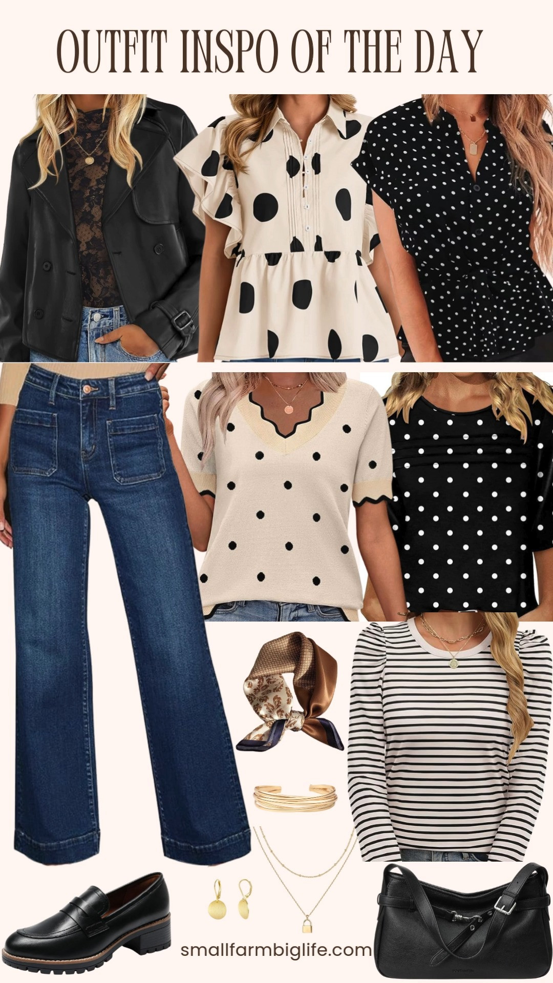 Outfit inspo of the day from Amazon 🖤🤍
Classic black and cream layers with polka dots, stripes, and structured denim and finished with loafers, a shoulder bag, and simple gold jewelry. Timeless pieces that feel polished, easy, and perfect for everyday wear ✨ 

 #LTKootd #LTKOver40 #LTKFindsUnder50