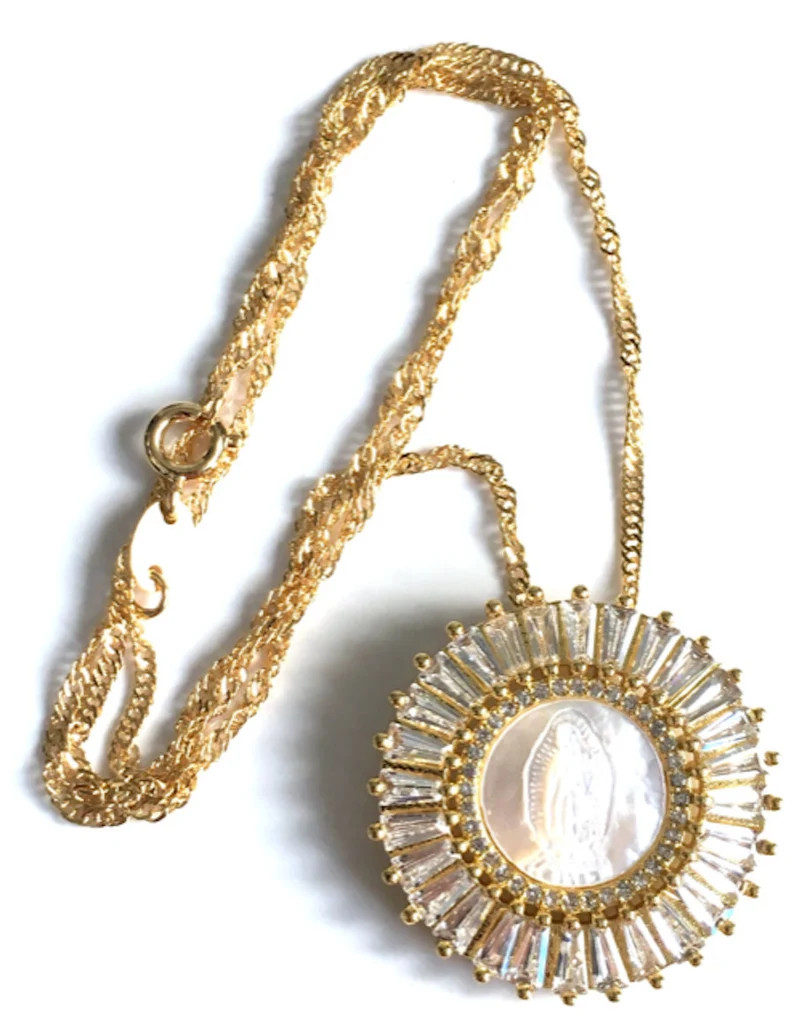 Catholic Pendant Necklace, Our Lady of Guadalupe Mother of Pearl Medal, Cubic Zirconia Gold Penda... | Etsy (US)