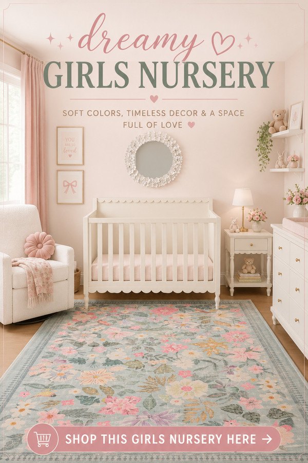 Create the nursery of your dreams with this soft and elegant girls nursery featuring a beautiful floral area rug, a scal