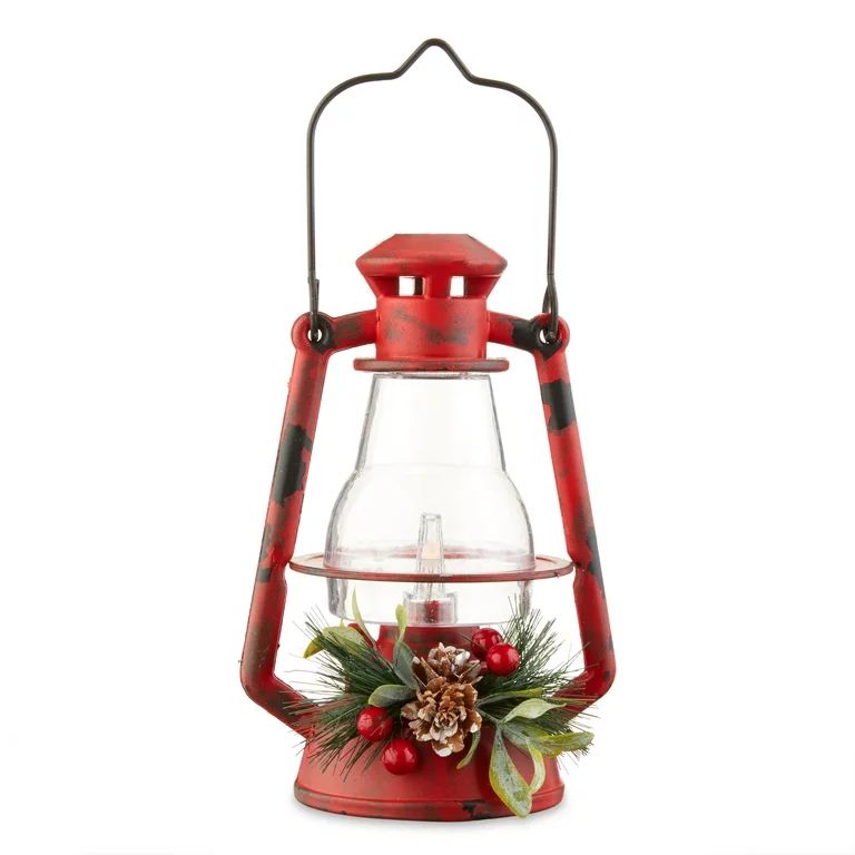 Holiday Time Light up Red and Clear Plastic Molded Lantern with Pinecones and Berry Decorative Ju... | Walmart (US)