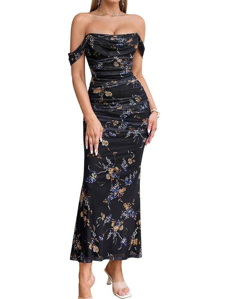 KUTUMAI Off The Shoulder Maxi Long Dress Corset Ruched Bodycon Formal Wedding Guest Dresses for W... | Amazon (US)