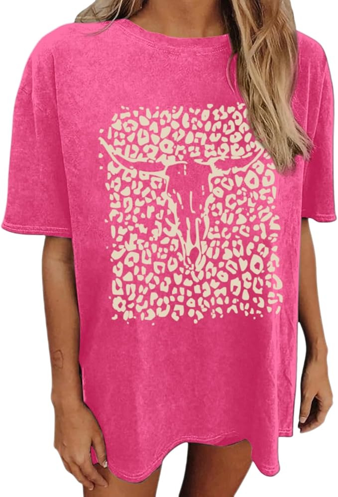 Western Cow Skull Shirts for Women Boho Cowgirl Shirt Vintage Acid Wash Tshirt Oversize Rodeo Gra... | Amazon (US)