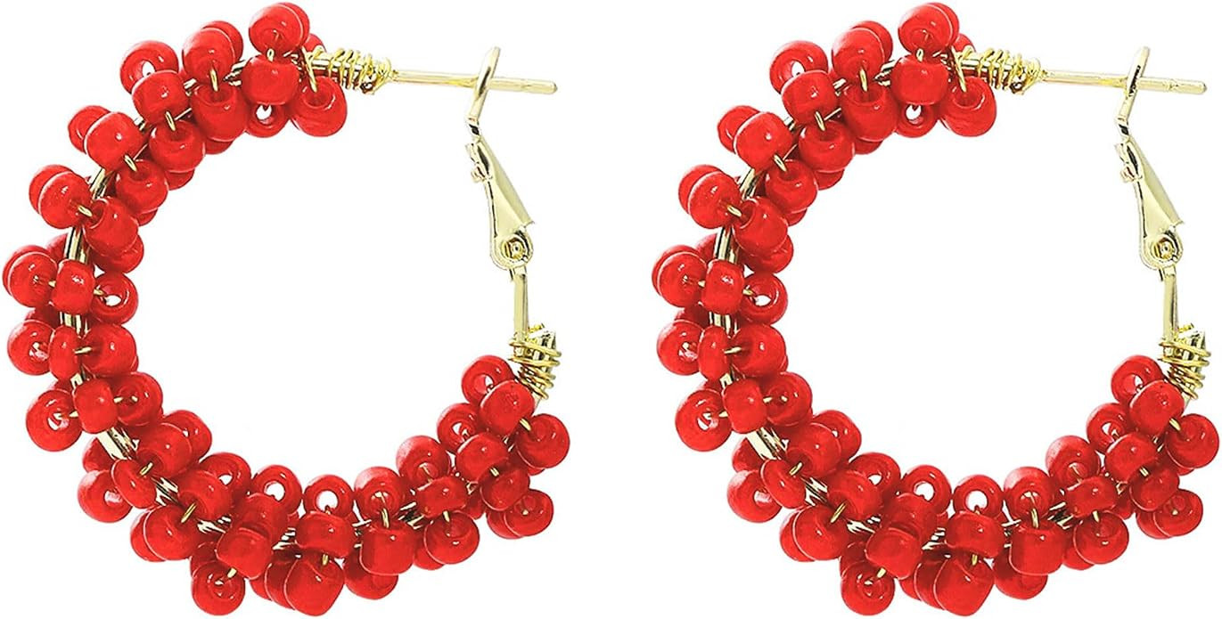Colorful Fun Beaded Earrings for Women Handmade Boho Flower Hoop Beaded Earrings Jewelry | Amazon (US)