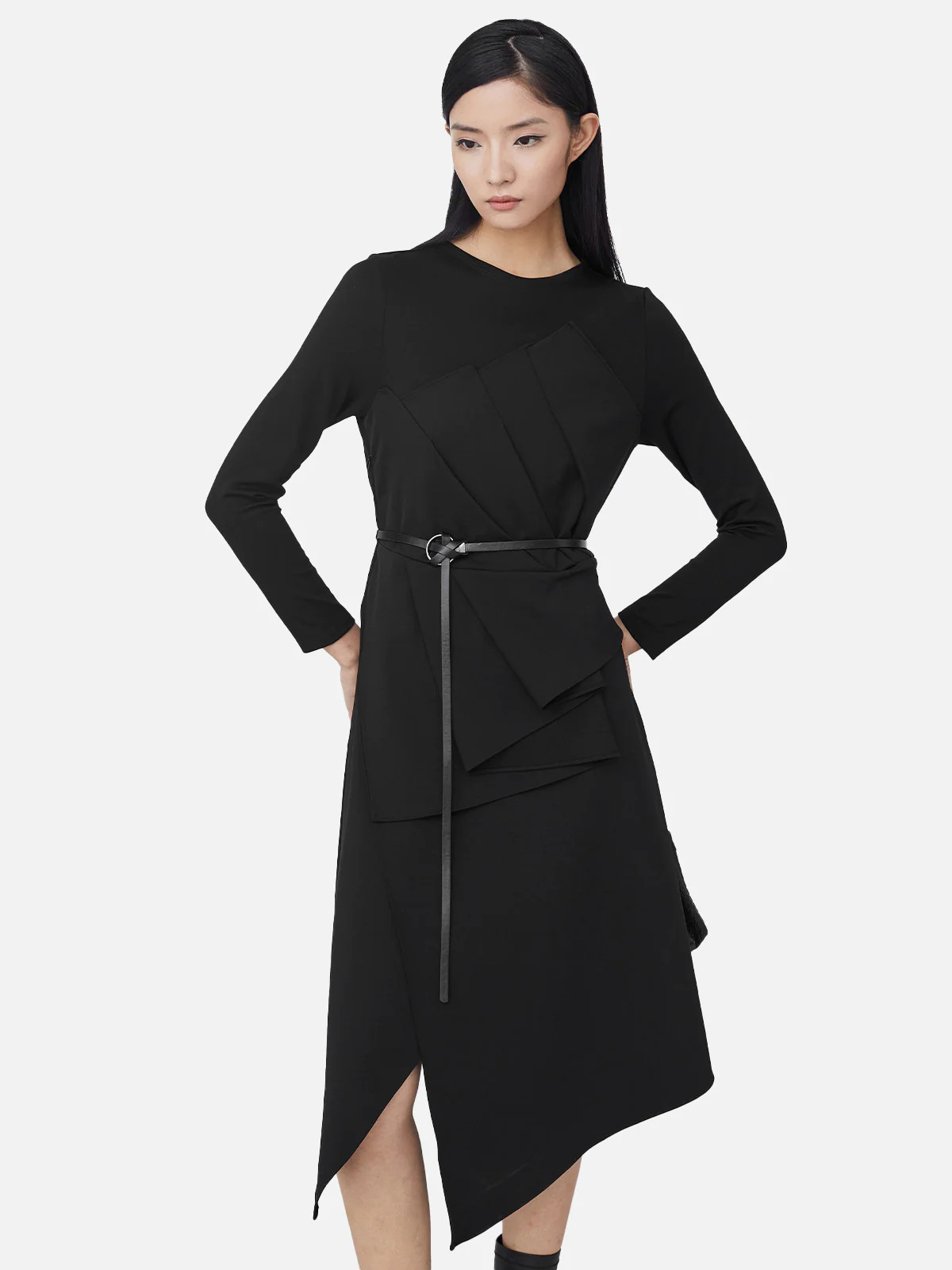Round Neck Splicing Waist Irregular Long-Sleeved Dress | SDEER