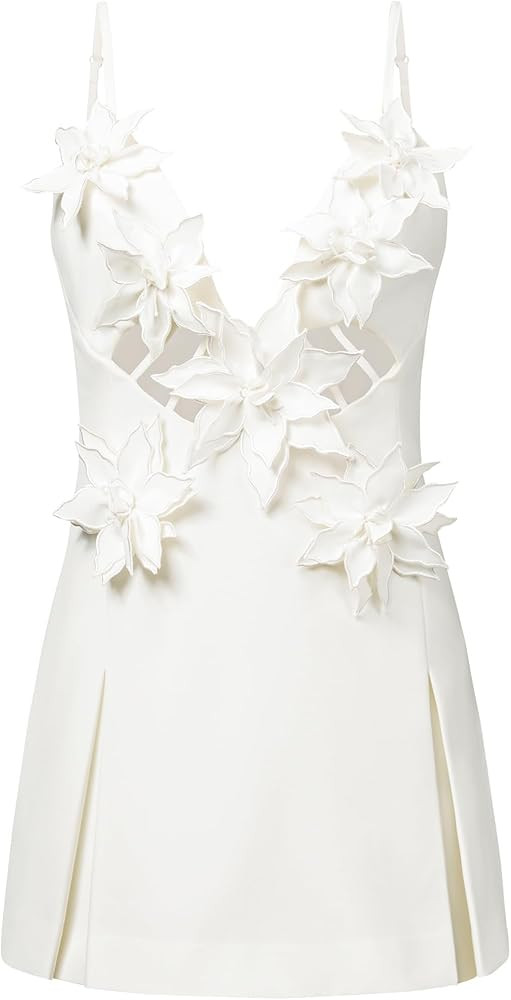 JW PEI Women's Yuliya White Floral Embellishment V-Neckline Mini Dress | Amazon (US)