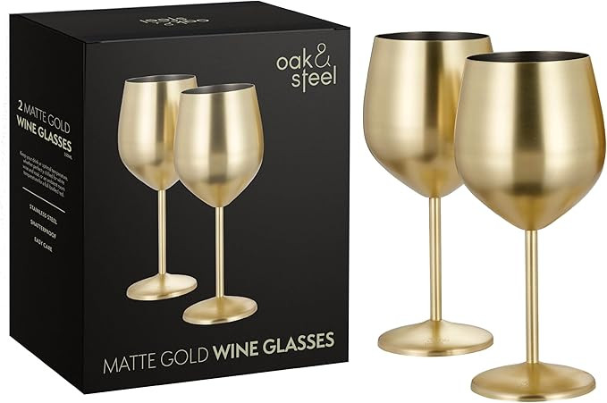 Oak & Steel - 2 Gold Matte Wine Glasses, 550 ml - Stainless Steel - Unbreakable Glass Gift Set fo... | Amazon (UK)