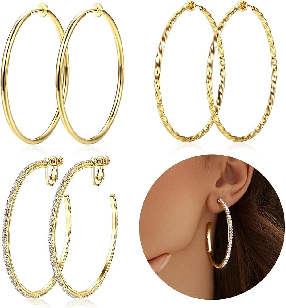 Clip On Hoop Earrings for Women Non Pierced Ears,Gold Clip On Earrings Non Piercing Big Stainless... | Amazon (US)