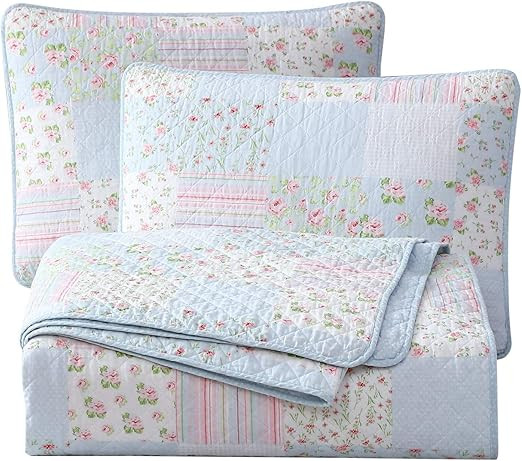 Chezmoi Collection Holly 3-Piece Printed Patchwork Cotton Quilt Set - Flower Floral Candy Stripe ... | Amazon (US)