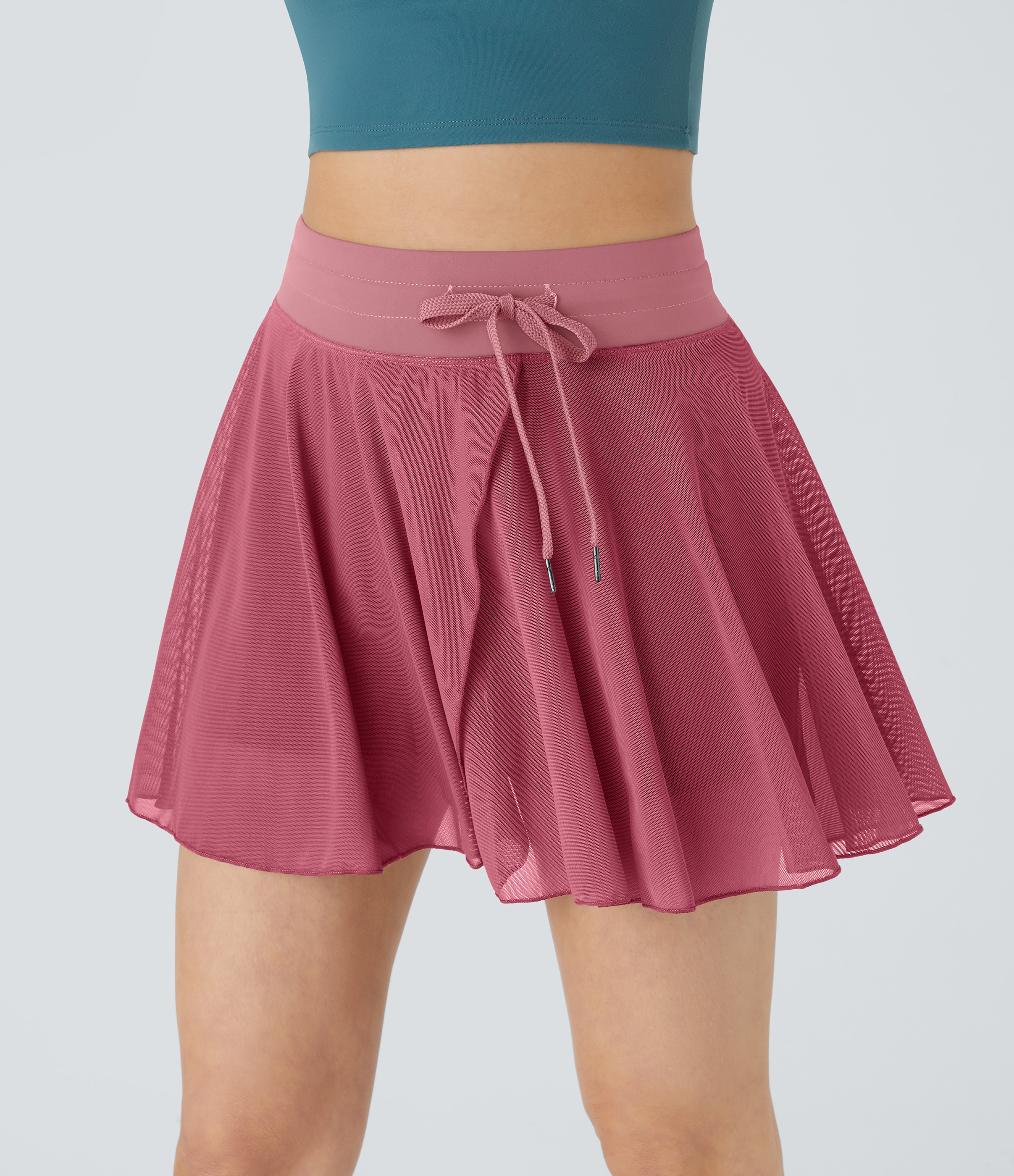 Halara High Waisted Drawstring Contrast Mesh 2-in-1 Side Pocket Flowy Mini Flare Casual Skirt - Baroque Rose - M midi skirt a line skirt | HALARA