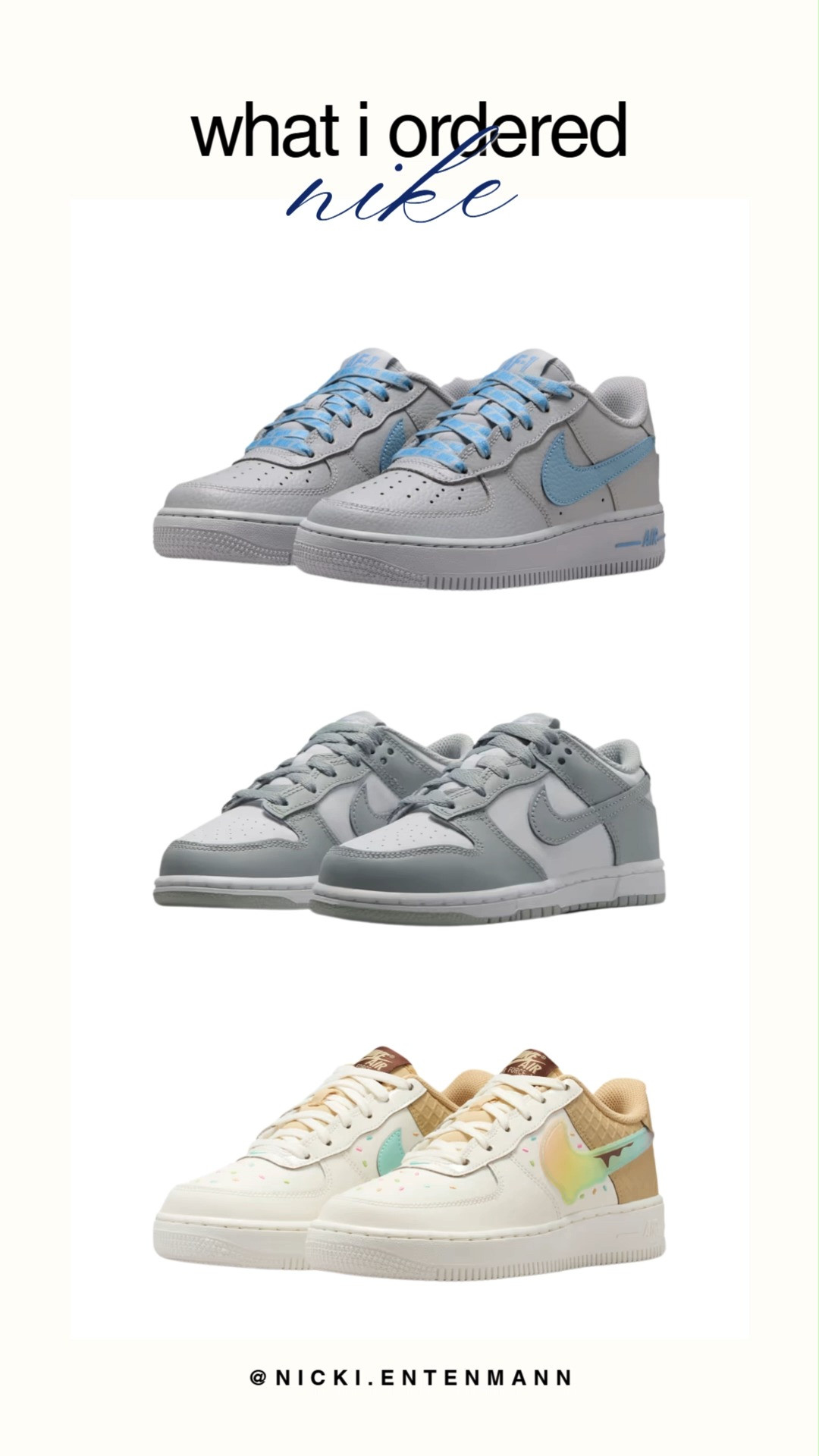Here’s a stylish Nike kids’ sneaker round up featuring grey Air Force 1s with blue accents, sleek grey Dunk Lows, and playful ice cream themed pairs for versatile back to school style. #nike #nikekids #kidssneakers #backtoschool #airforce1 #dunklow #sneakerhead #kidsfashion #shoppinghaul #modernliving 👟🍦🕶️ 

 #LTKootd #LTKSaleAlert #LTKKids