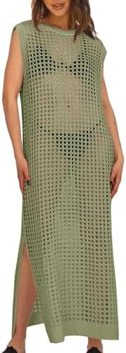 Saodimallsu Womens Crochet Swimsuit Coverup Summer Sleeveless Hollow Out Knit Crewneck Side Split... | Amazon (US)