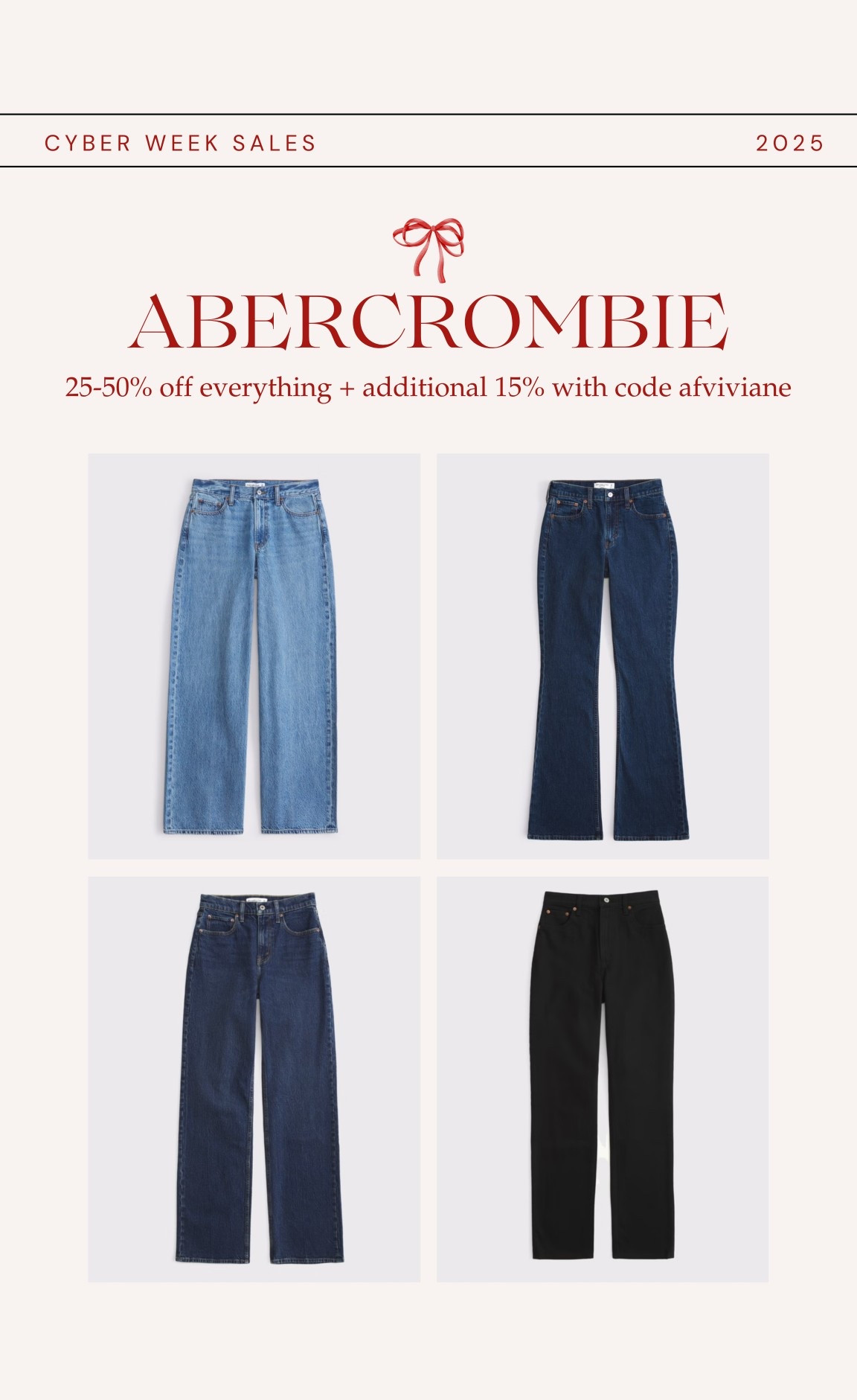 [11/25/25] most loved denim styles from Abercrombie | use code AFVIVIANE for stackable 15% off! I usually wear 24 short or extra short when available. 

*Offer valid in stores and online from 11/24/2025-12/1/2025 in US/CA. Excludes clearance and gift cards. Online price reflects discount. Use code AFVIVIANE to get an additional 15% off everything in stores and online at checkout from 11/24/2025-12/1/2025 in US/CA. Excludes clearance and gift cards. See details online.

#LTKSaleAlert #LTKGiftGuide #LTKCyberWeek