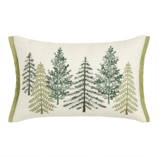 Pier Place Spruce Green Winter Trees Beaded Lumbar Pillow | World Market