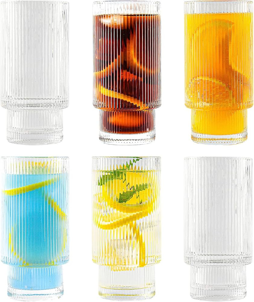 ZMOWIPDL Ribbed Glassware Vintage Drinking Glasses with Straws Set of 6,Clear Fluted Ripple Glass... | Amazon (US)