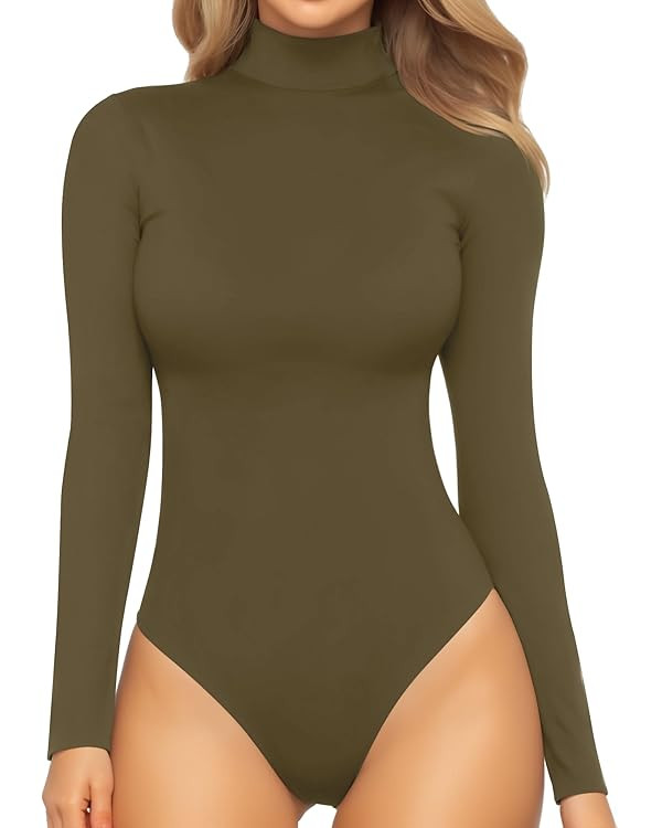MANGOPOP Women's Mock Turtle Neck Long Sleeve Tops Bodysuit Jumpsuit | Amazon (US)