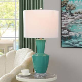 28 in. Turquiose Table Lamp White Linen Shade | The Home Depot