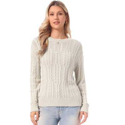 INSPIRE CHIC Women's Round Neck Drop-Shoulder Long Sleeve Casual Fall Winter Pullover Cable Sweater X-Small Apricot | Target