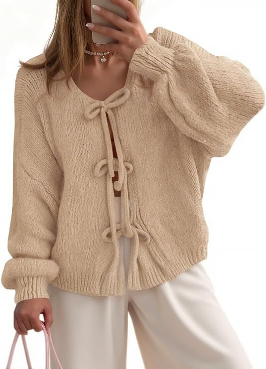 Womens Bow Tie Front Cardigan Sweaters Oversized Fall Open Front Cardigans Cute Loose Knit Tops | Amazon (US)