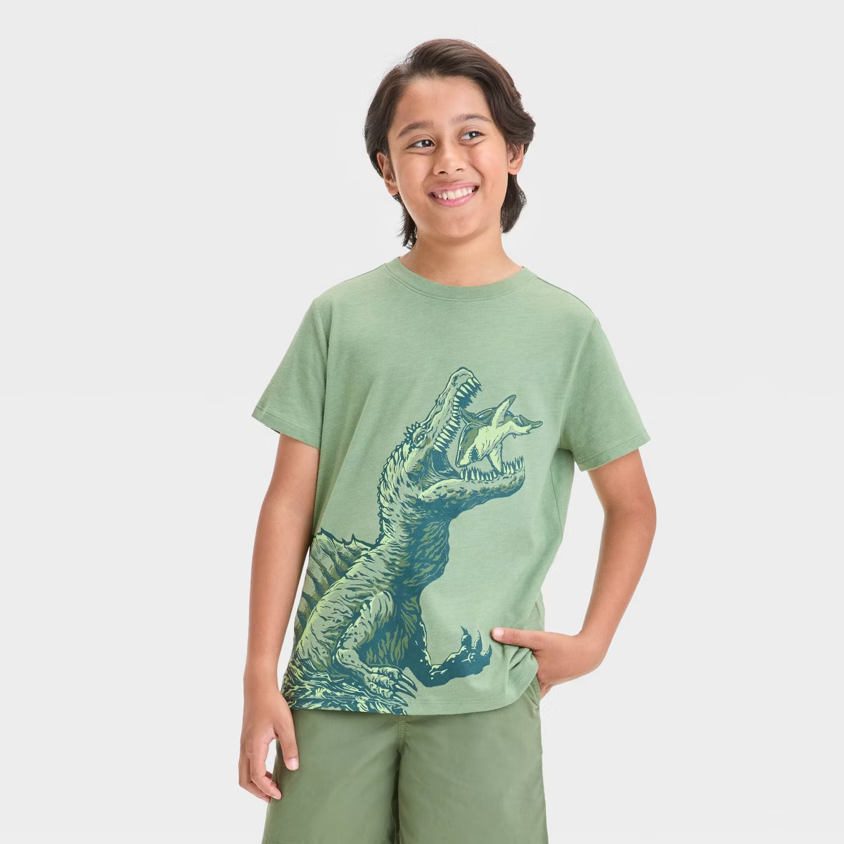 Boys' Short Sleeve Dino Eating Shark Graphic T-Shirt - Cat & Jack™ Olive Green | Target