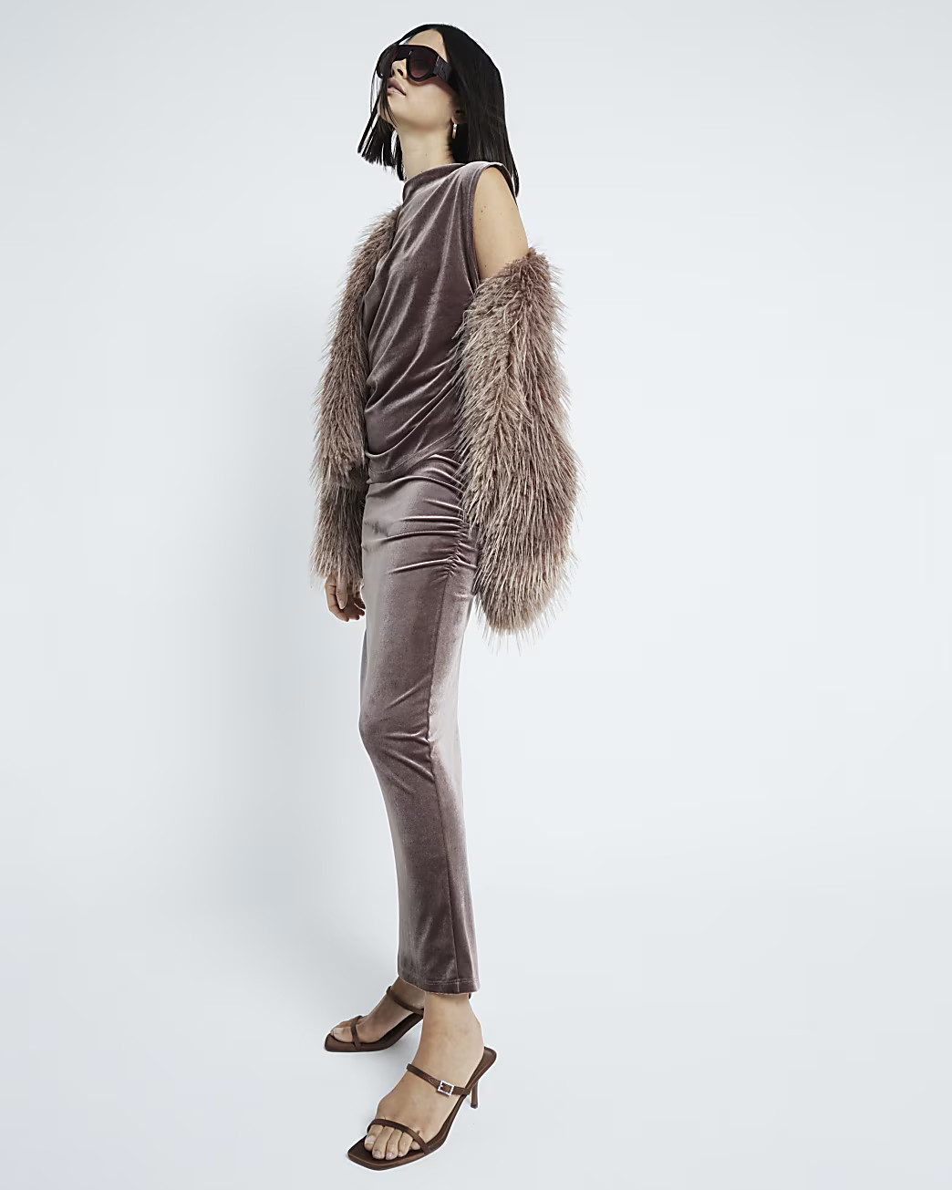 Brown Velvet Ruched Midaxi Skirt | River Island (UK & IE)