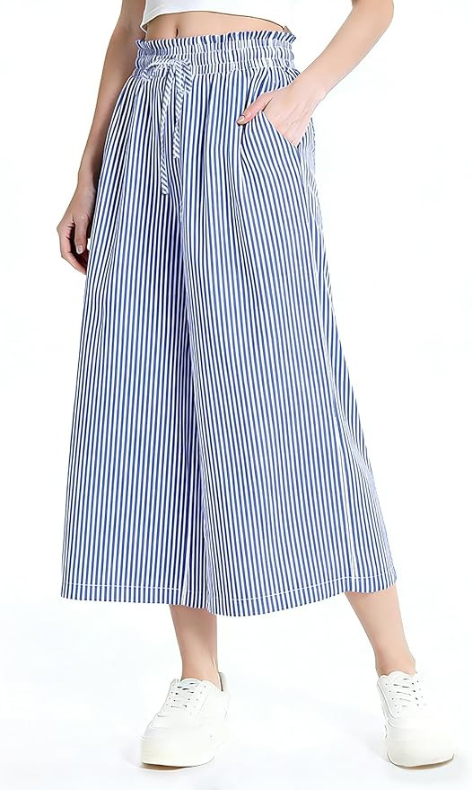 Rapbin Wide Leg Capri Pants for Women Gingham Striped Culottes Flowy Elastic Waist Cropped Palazz... | Amazon (US)