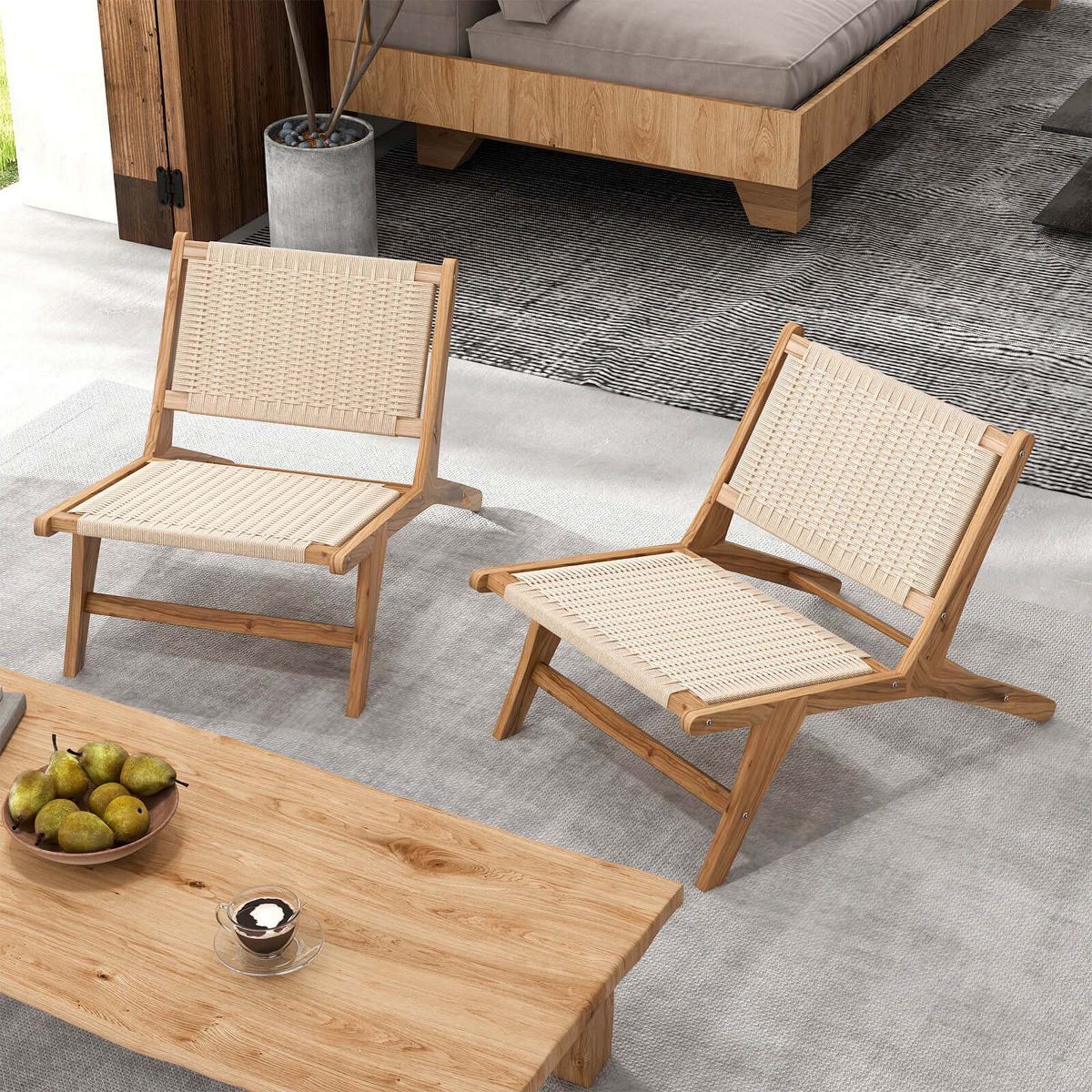 Costway 1/2 PCS Teak Wooden Chair with Braided Rope Seat & Backrest Mid Century Modern | Target