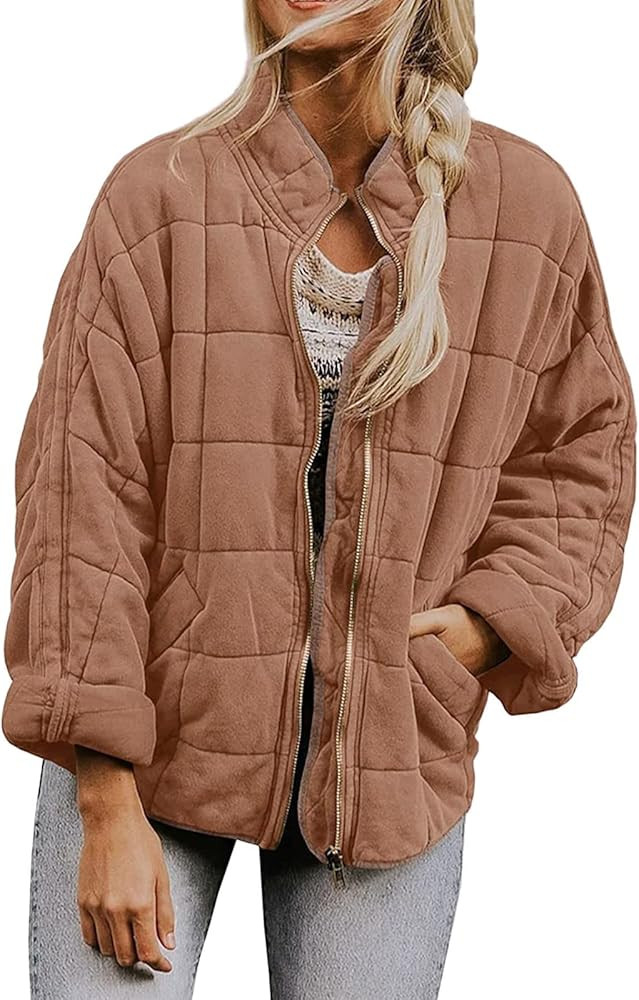 Winter Coats for Women Casual Lightweight Quilted Jackets Oversized Long Sleeve Zip Up Puffer Jac... | Amazon (US)