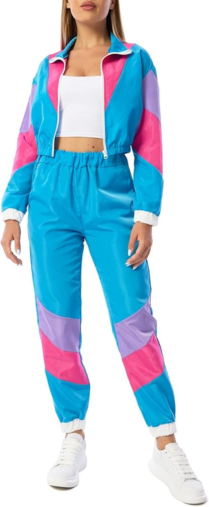 Yisfri Womens Color Block 2 Piece Windbreaker Outfits Long Sleeve Zip Front Crop Top Tracksuit Set | Amazon (US)