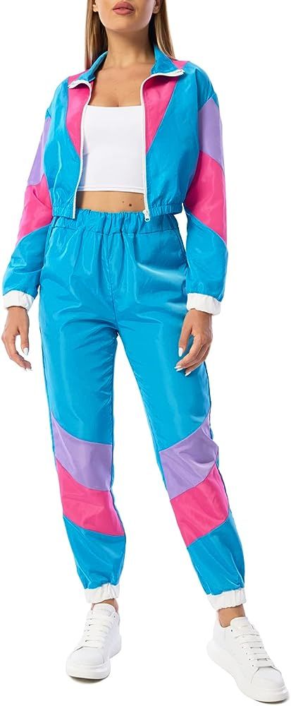 Yisfri Womens Color Block 2 Piece Windbreaker Outfits Long Sleeve Zip Front Crop Top Tracksuit Set | Amazon (US)
